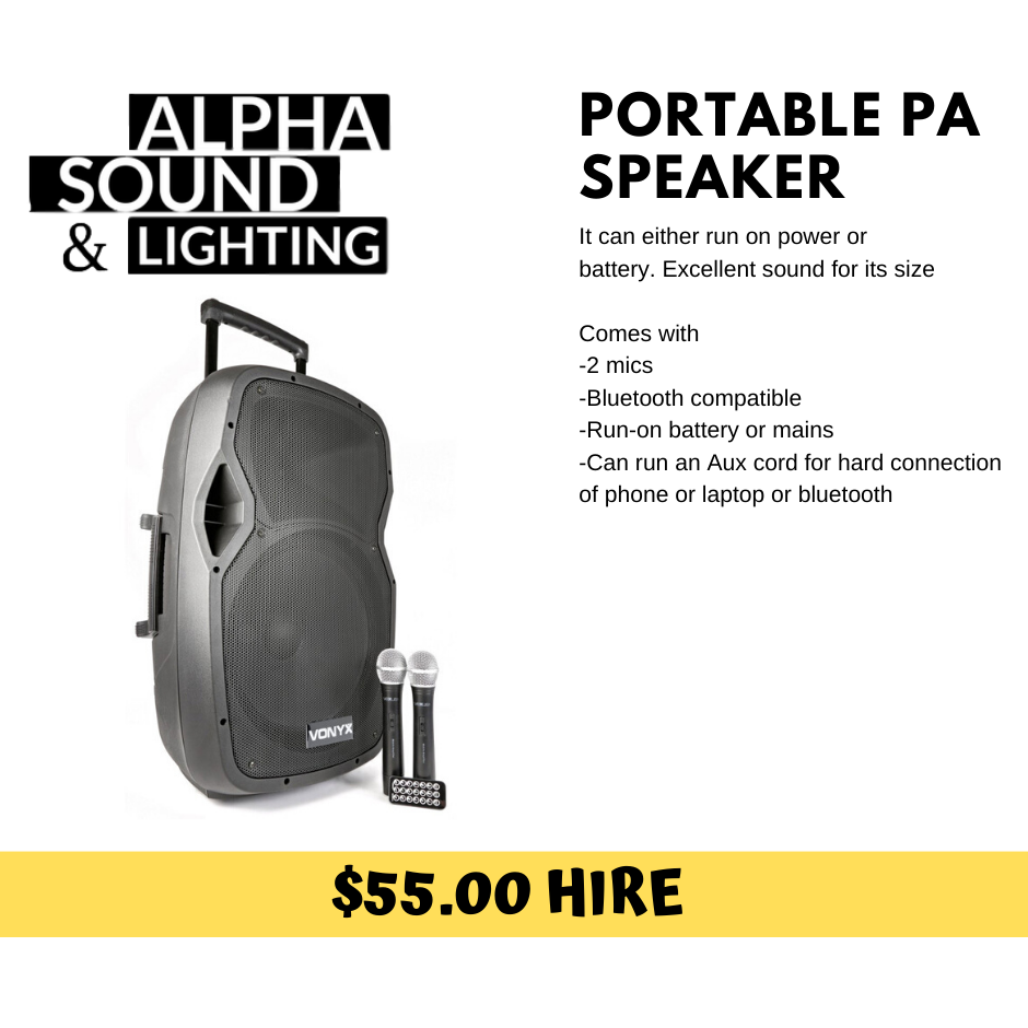 HIRE Large All in one battery PA Speaker + 2 Wireless Mic and Bluetooth connection - Alpha Sound and Lighting